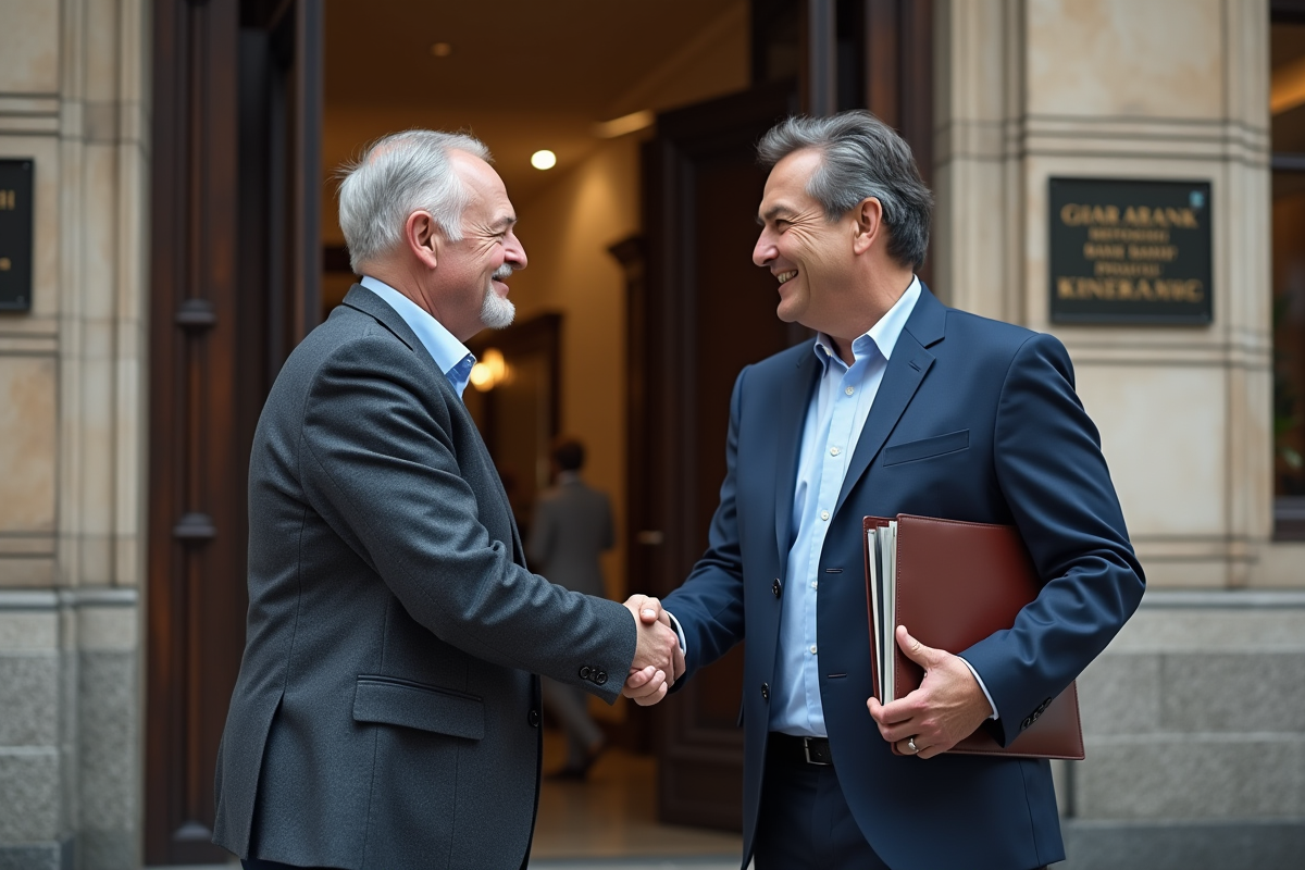 Homme d affaires serrant la main d un banquier devant une banque