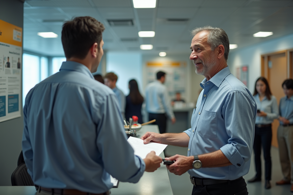Homme remettant documents à un agent dans un bureau