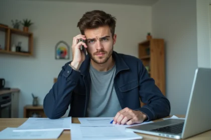 Jeune homme au téléphone dans sa cuisine