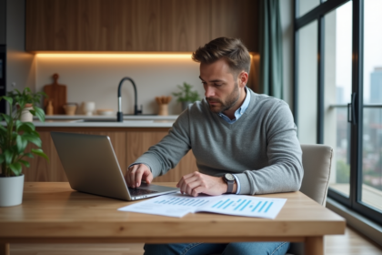 Homme en sweater travaillant sur un ordinateur dans un appartement moderne