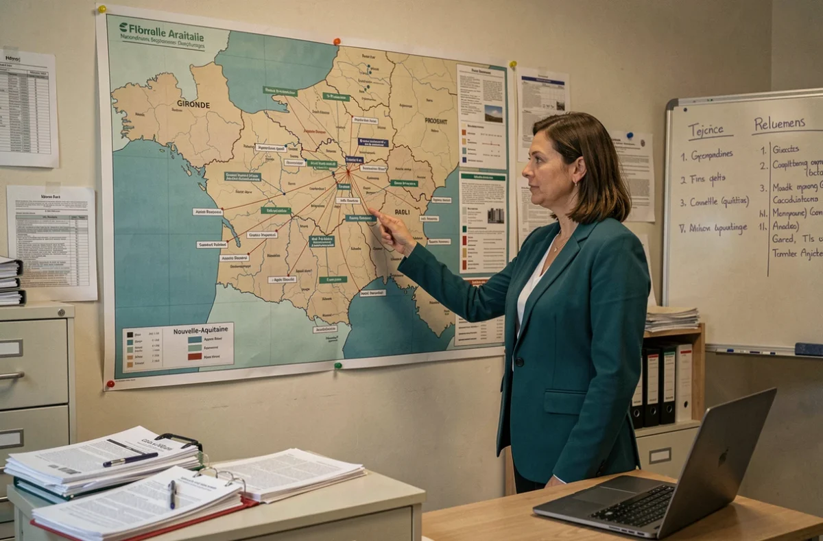 Coordinatrice d'Immo de France Nouvelle-Aquitaine devant une carte départementale de Gironde illustrant le maillage territorial de l'agence