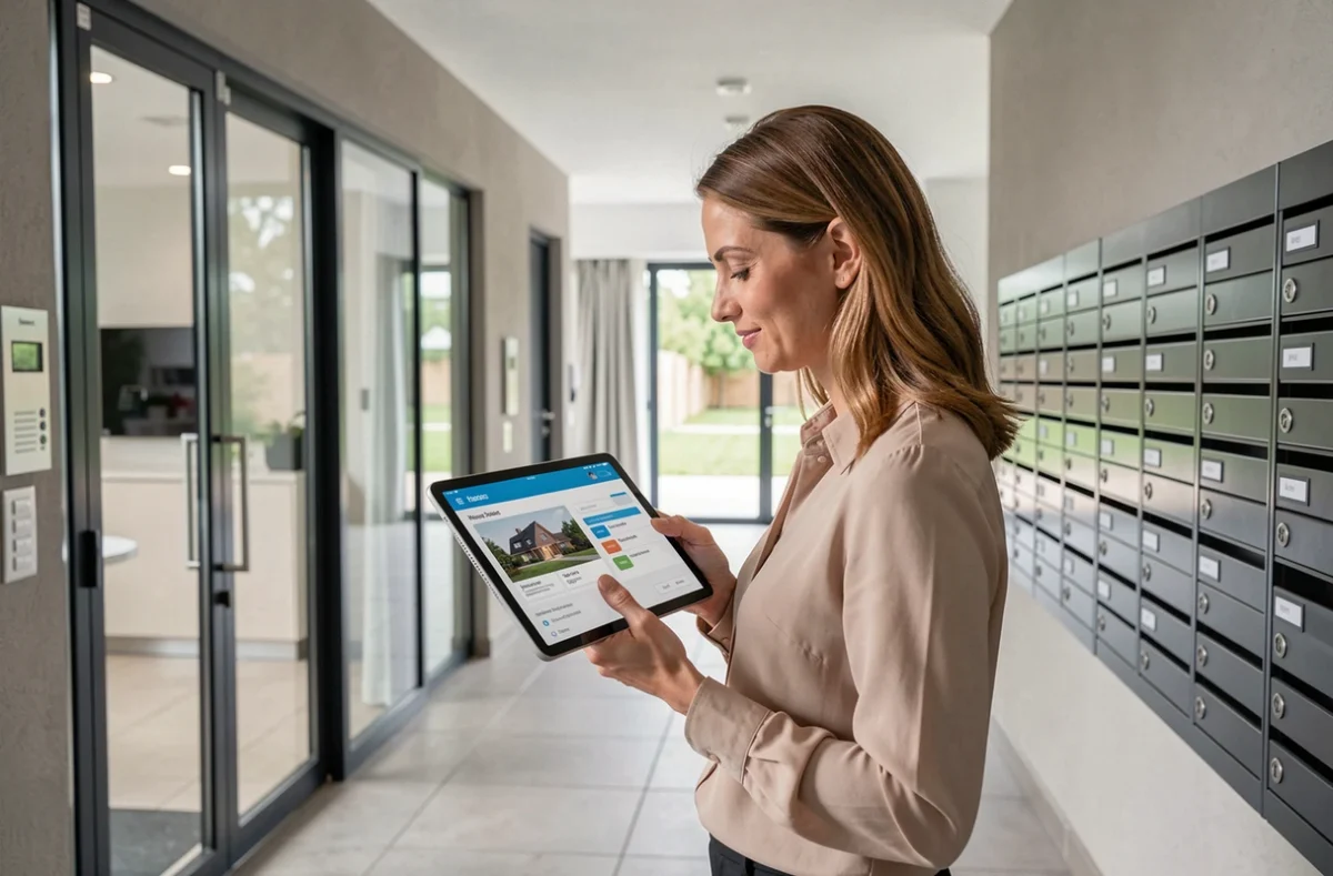 Conseillère d'ImmoAssociés Gestion devant un immeuble résidentiel moderne à Pessac, consultant une tablette de gestion