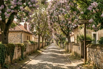 Rue résidentielle calme avec maisons en pierre traditionnelles dans un village près d'Aix-Villemaur-Pâlis, idéale pour l'immobilier de caractère