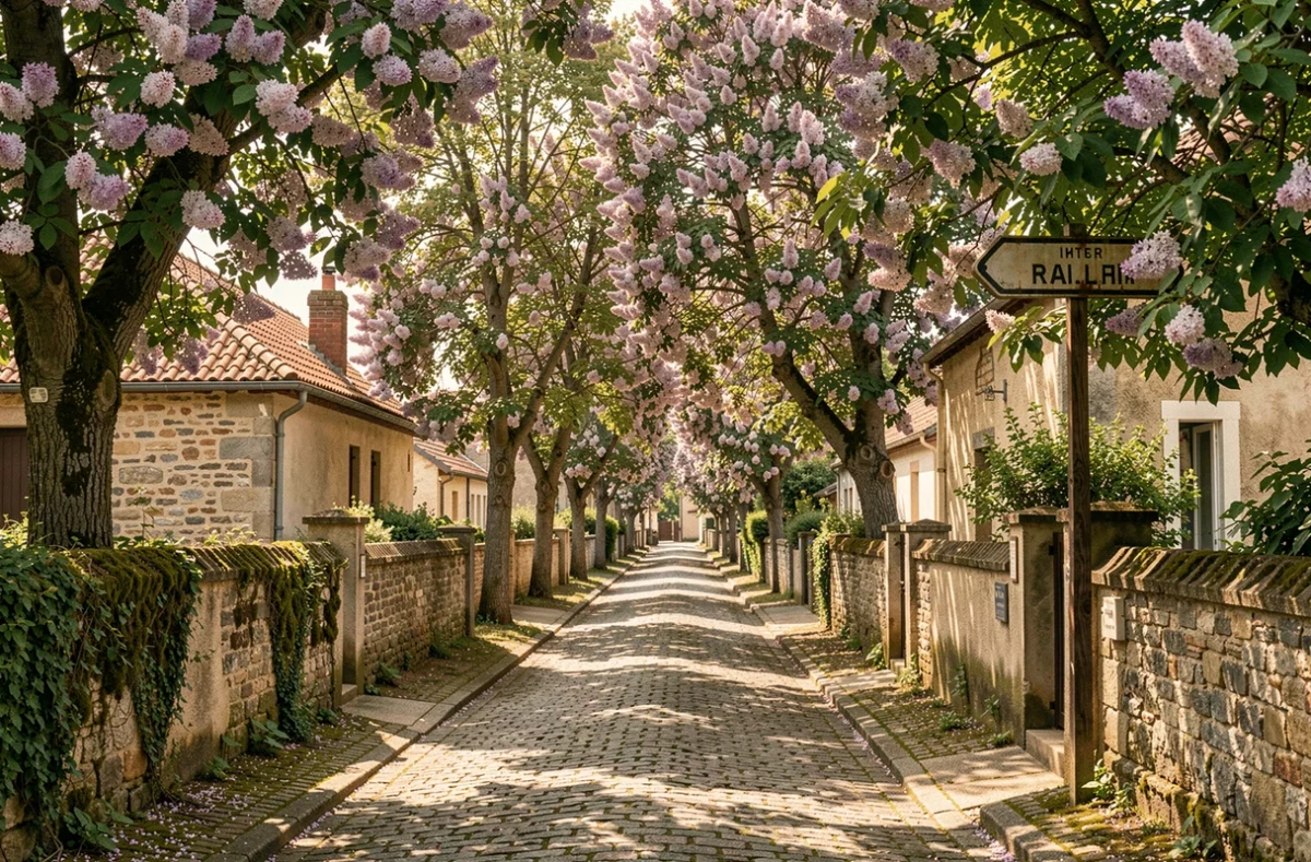 Rue résidentielle calme avec maisons en pierre traditionnelles dans un village près d'Aix-Villemaur-Pâlis, idéale pour l'immobilier de caractère