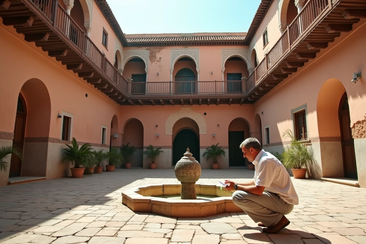 Homme inspectant la cour intérieure d'un riad marocain à rénover avec carrelage zellige fissuré et fontaine abîmée à Marrakech