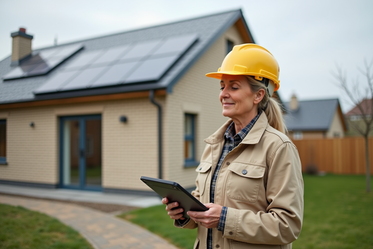 Inspectrice vérifie un bâtiment écologique en extérieur