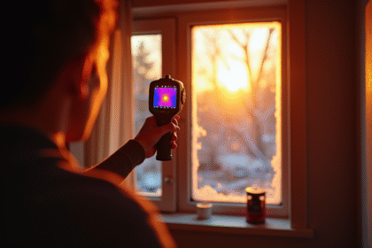 Personne inspectant une vieille fenetre avec camera thermique