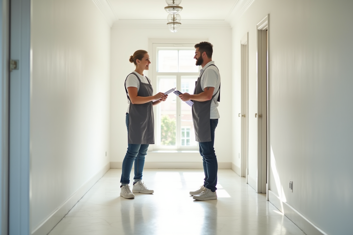 Propriétaire et locataire inspectent un couloir peint en blanc