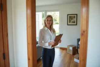 Femme inspectant une porte fraîchement peinte dans une maison