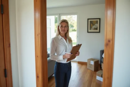 Femme inspectant une porte fraîchement peinte dans une maison