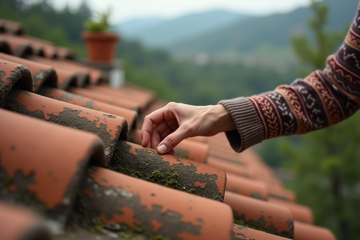 Main d une femme inspectant tuiles en terre cuite avec mousse