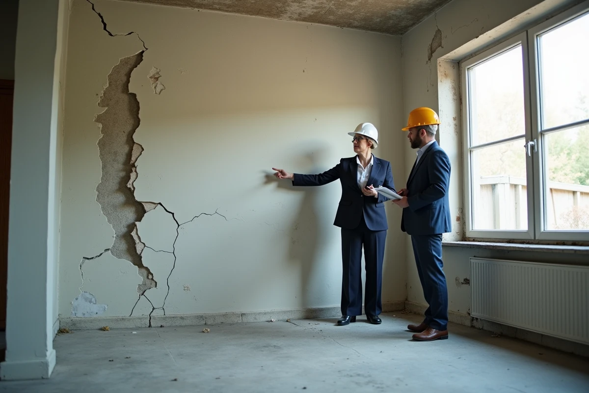 Inspection d'un mur fissuré et humide dans une maison vendue, dans le cadre d'un litige pour vice caché immobilier