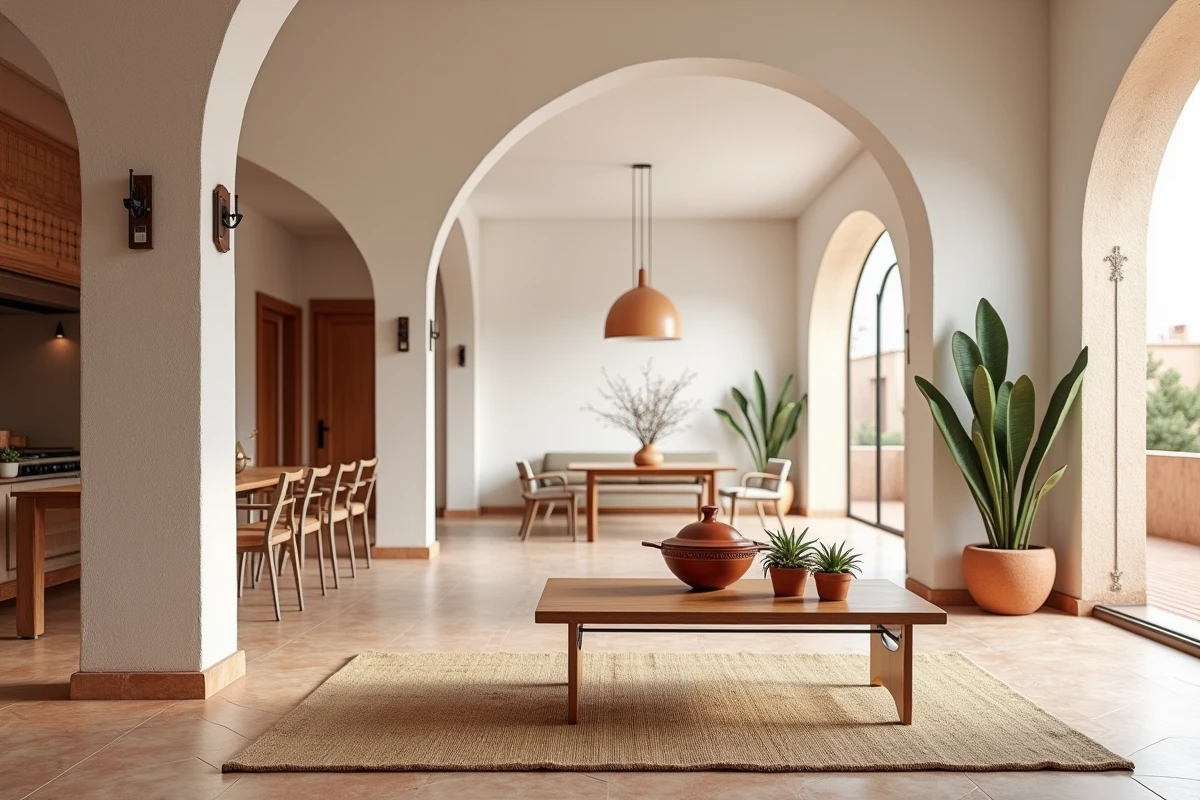 Intérieur moderne d'un appartement vide à Guéliz, Marrakech, avec décoration marocaine contemporaine, idéal pour la mise en location