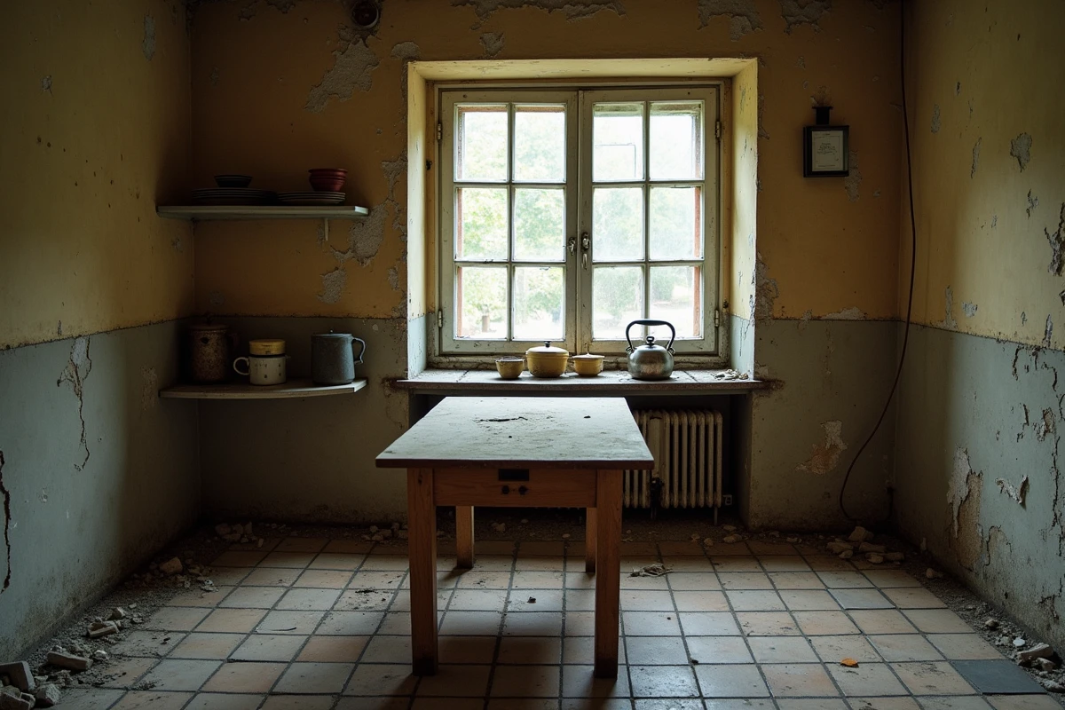 Intérieur abandonné d'une maison de campagne française avec cuisine délabrée et objets oubliés