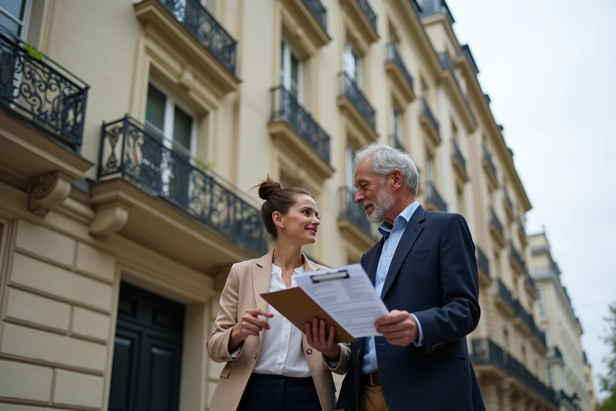 Deux associés en immobilier discutant d'un investissement locatif devant un immeuble haussmannien à Paris dans le cadre d'une structure SCI ou SAS