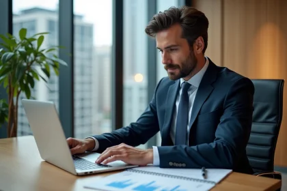 Investisseur professionnel en costume bleu analysant un portefeuille de placements sur son bureau moderne avec vue urbaine
