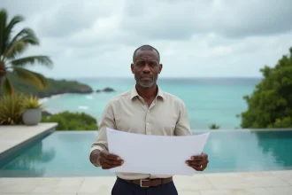 Investisseur immobilier sur la terrasse d'une villa de luxe à l'île Maurice avec vue sur lagon, tenant des plans architecturaux d'un air préoccupé