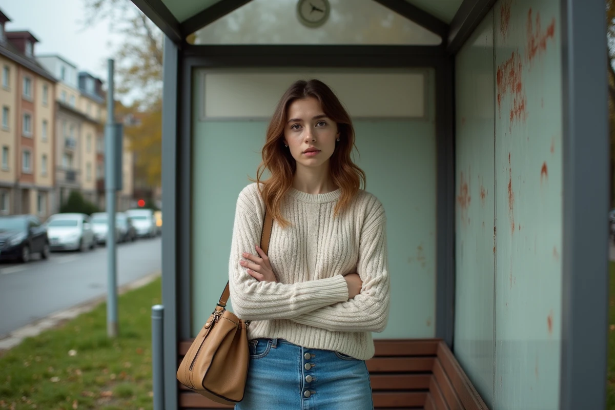 Jeune femme attend un bus dans un quartier de Fréjus