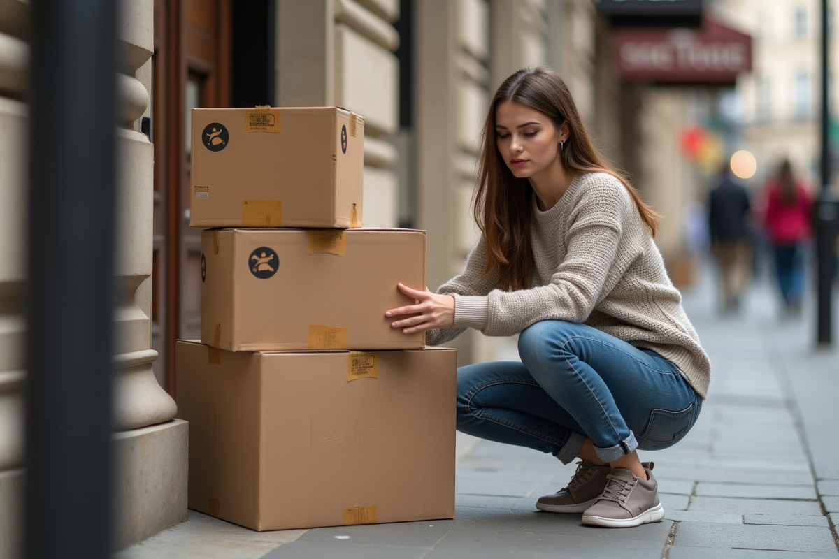 Jeune femme inspectant des cartons sur un trottoir parisien