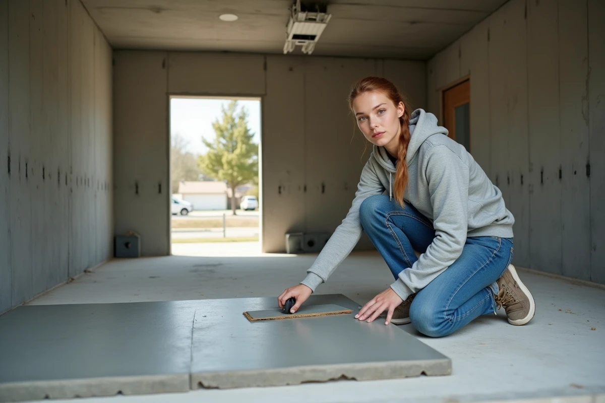 Jeune femme lissant le béton dans un garage en construction