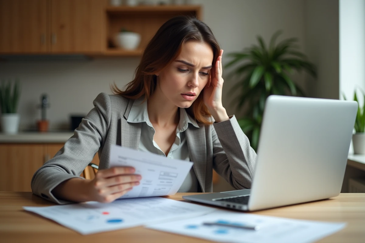 Jeune femme frustrée consulte documents immobiliers à la maison