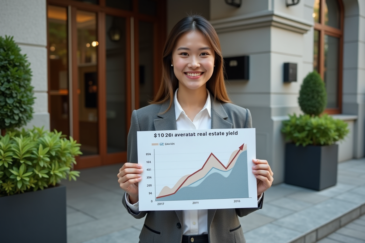 Jeune femme tenant une infographie sur le rendement immobilier
