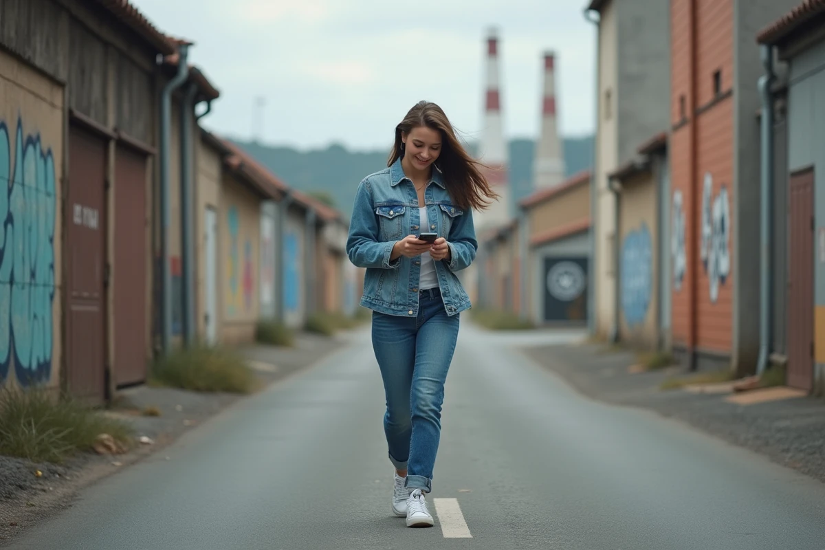 Jeune femme en jean marchant dans une rue industrielle