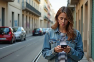 Jeune femme en ville vérifiant une carte sur son téléphone