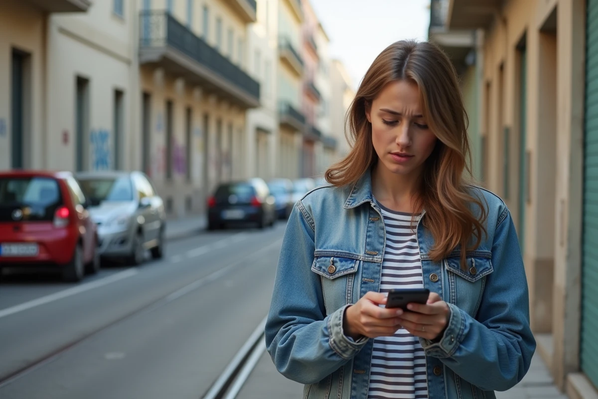 Jeune femme en ville vérifiant une carte sur son téléphone