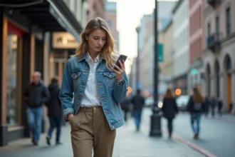 Jeune femme en denim dans la ville avec smartphone