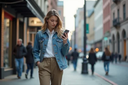 Jeune femme en denim dans la ville avec smartphone