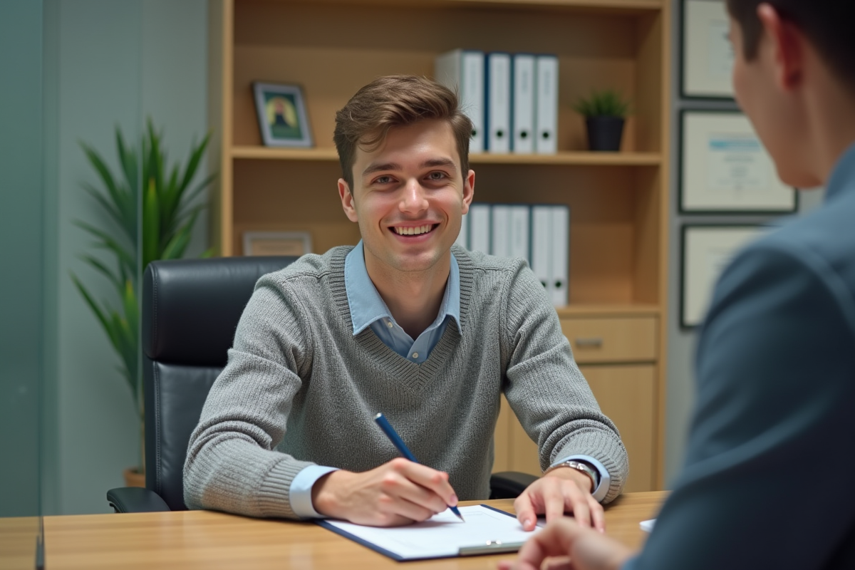 Jeune homme attentif prend des notes lors d’un rendez-vous bancaire en bureau professionnel