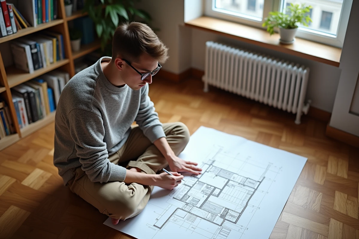 Jeune homme dessinant un plan architectural sur le sol parquet