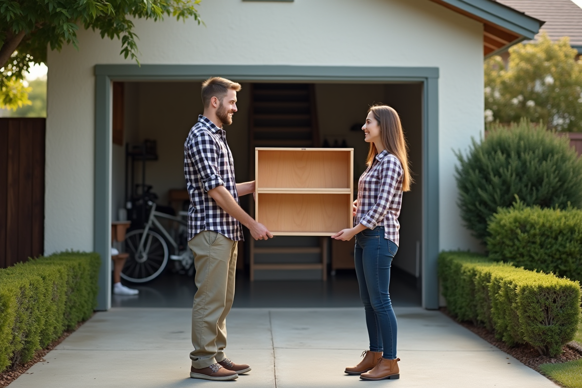 Jeune homme donnant des étagères à un voisin dans une allée