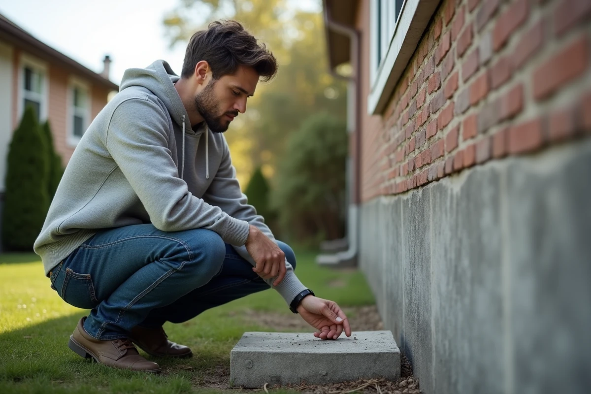 Jeune homme examinant un mur en béton devant une maison