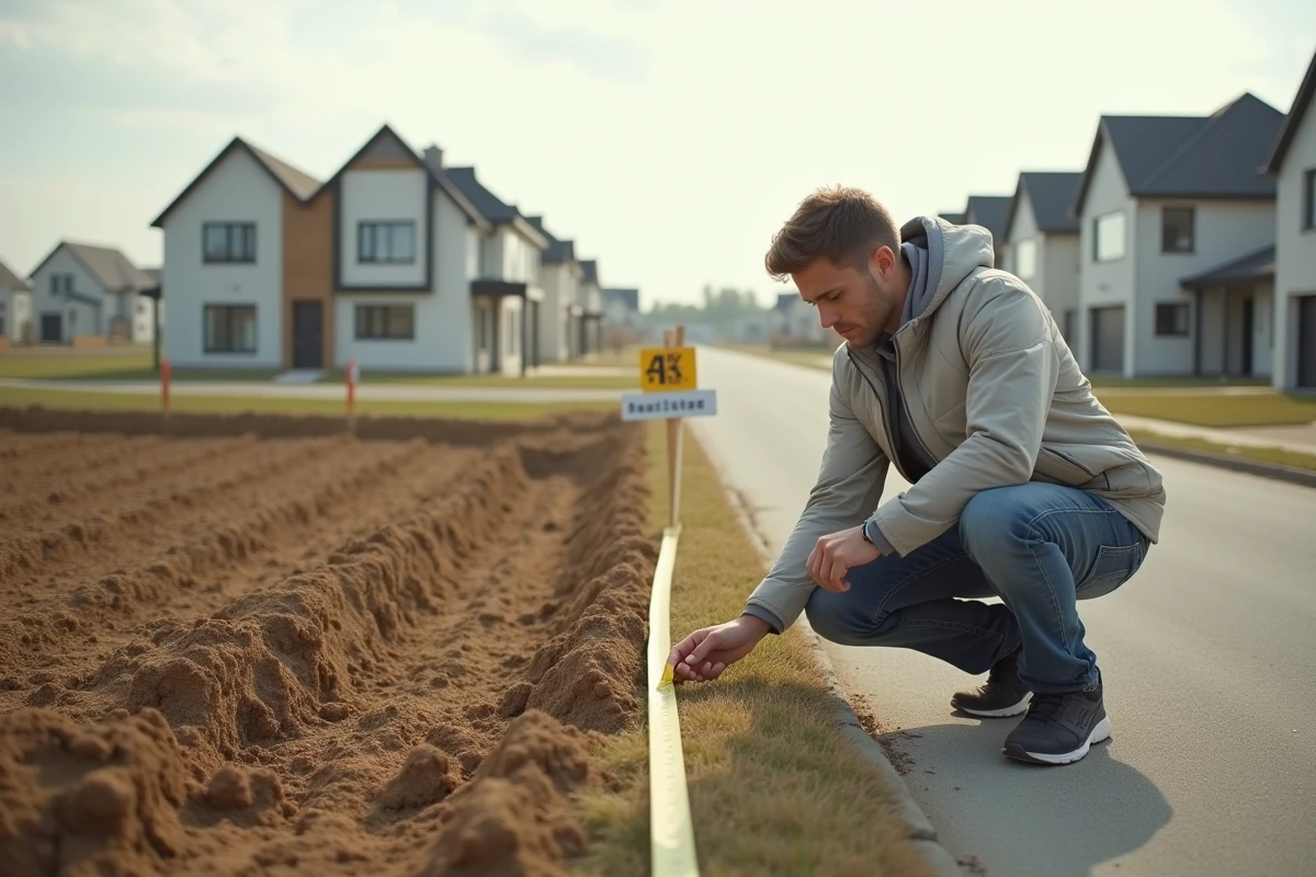 Jeune homme mesurant un terrain avec une règle dans un lotissement