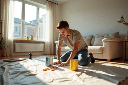 Jeune locataire assemble un meuble dans un salon lumineux