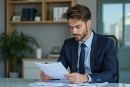 Jeune homme en costume tenant un formulaire de location