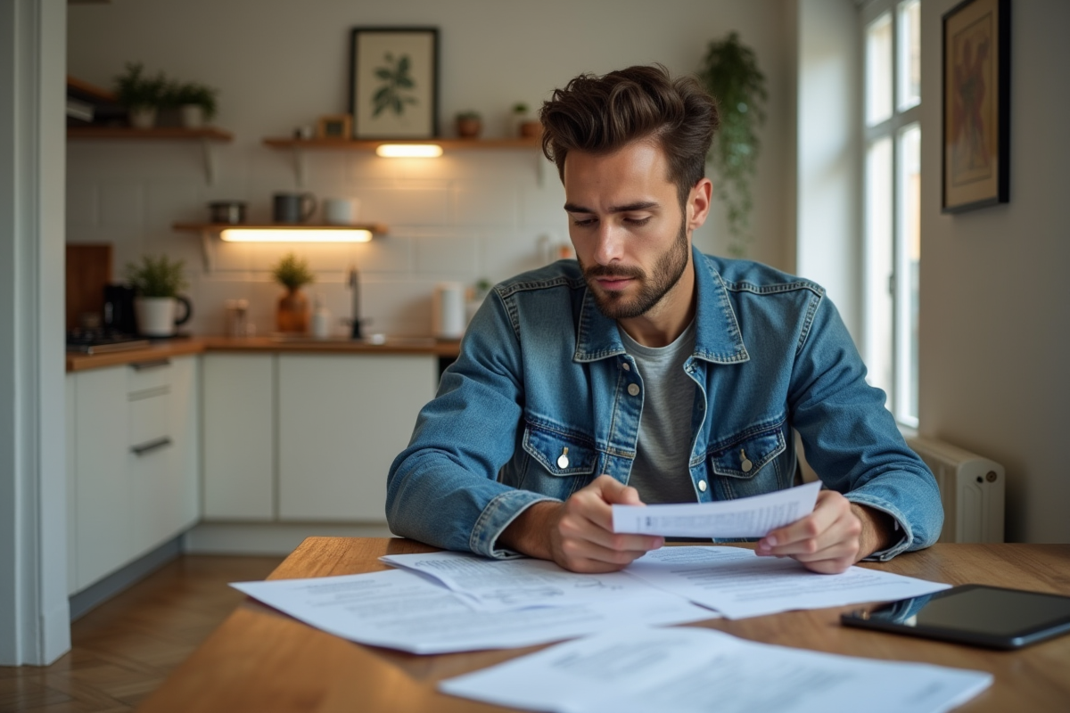 Jeune homme étudiant des documents dans sa cuisine