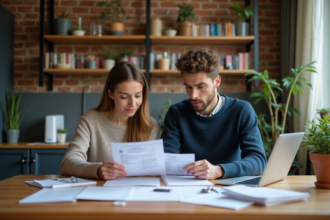 Deux jeunes adultes triant des papiers d'identite dans un appartement cosy