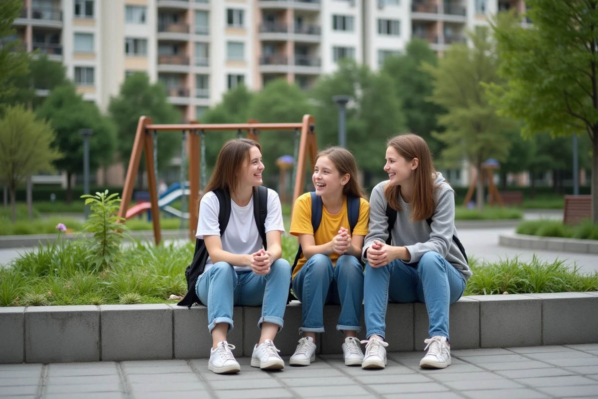 Jeunes assis sur un mur dans un jardin communautaire
