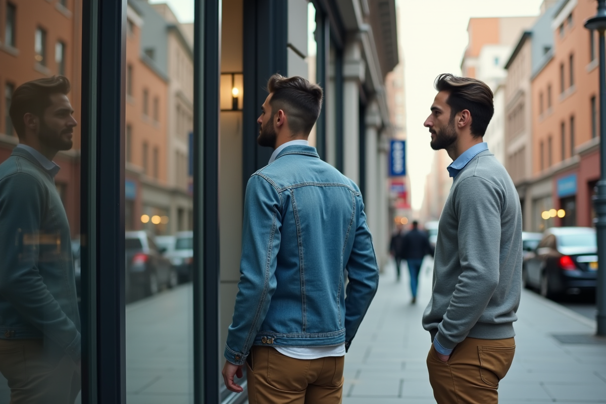 Deux jeunes hommes regardant une propriété commerciale à travers de grandes fenêtres