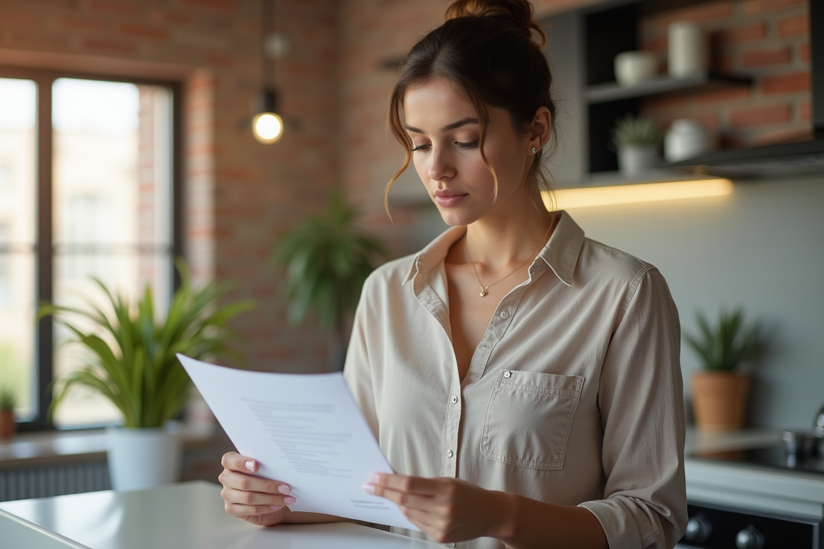 Une jeune femme lit attentivement un contrat de location dans sa cuisine