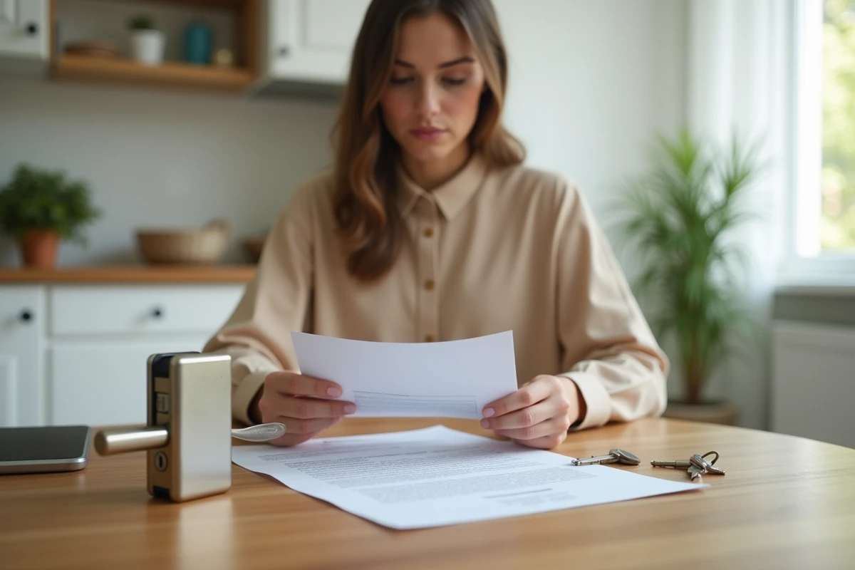 Locataire féminine étudiant un contrat de bail avec une serrure neuve sur la table