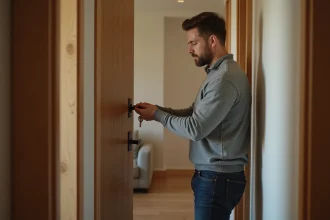 Locataire tenant une clé devant une serrure de porte d'appartement en cours de bail