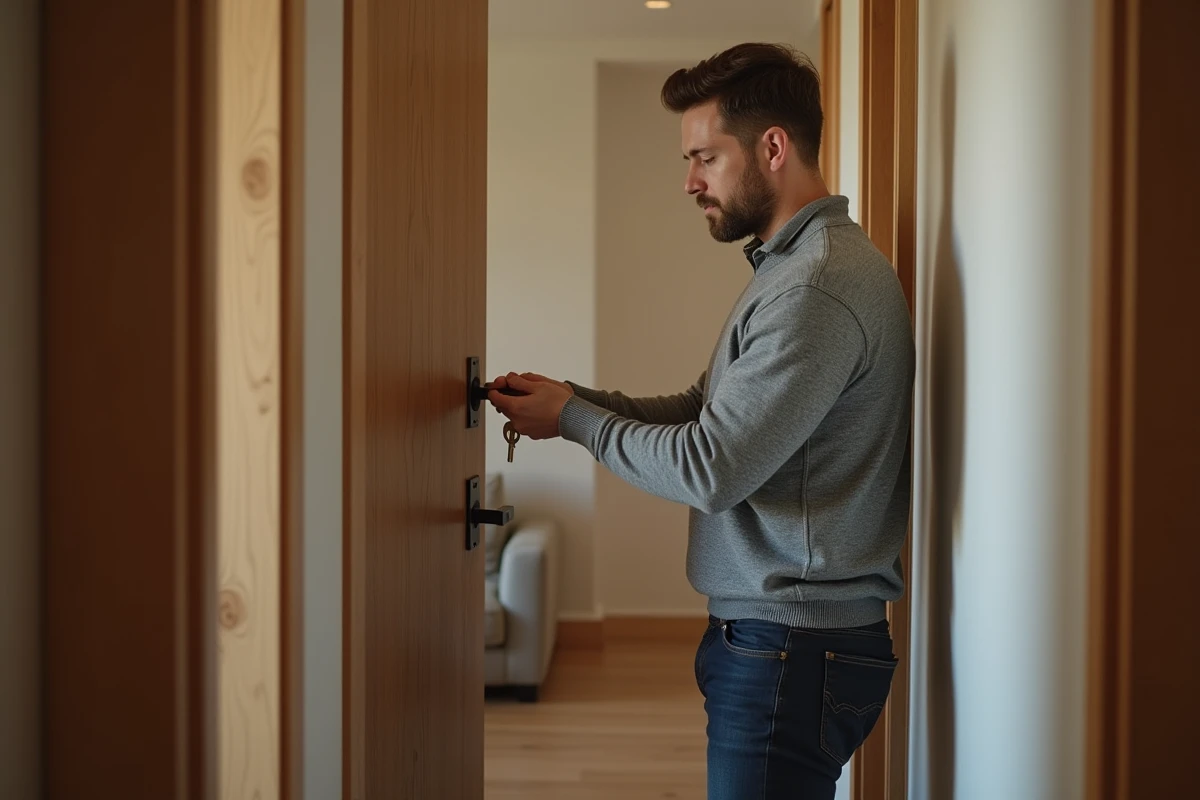 Locataire tenant une clé devant une serrure de porte d'appartement en cours de bail