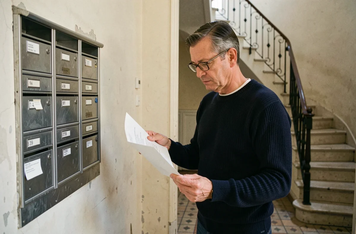 Locataire lisant une lettre de refus de préavis dans le couloir d'un immeuble parisien en zone tendue