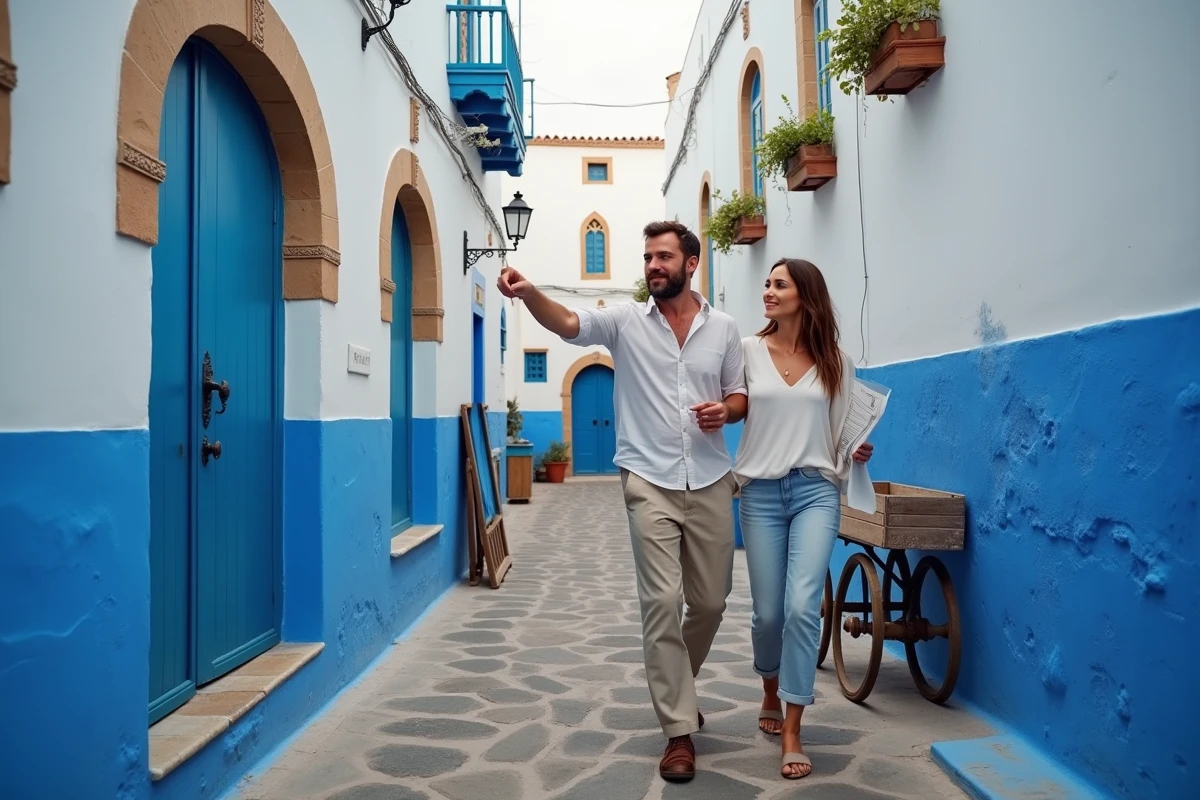 Couple d'expatriés explorant la médina d'Essaouira avec des clés d'appartement lors d'une recherche de location longue durée