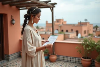 Femme marocaine consultant un contrat de location longue durée sur la terrasse d'un riad à Essaouira avec vue sur la médina