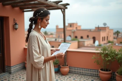 Femme marocaine consultant un contrat de location longue durée sur la terrasse d'un riad à Essaouira avec vue sur la médina